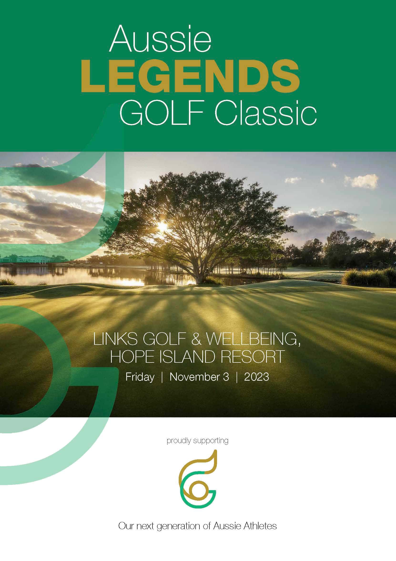 Aussie Legends Golf Classic text with the image of a flourishing tree on a golf course